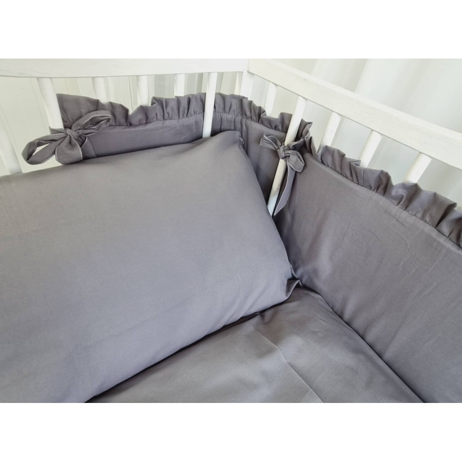 Graphite grey cot bumper with ruffles | Žirniukas